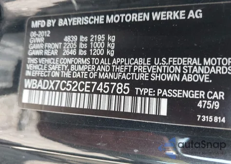 2012 BMW 335 z USA, uszkodzony, nr VIN WBADX7C52CE745785